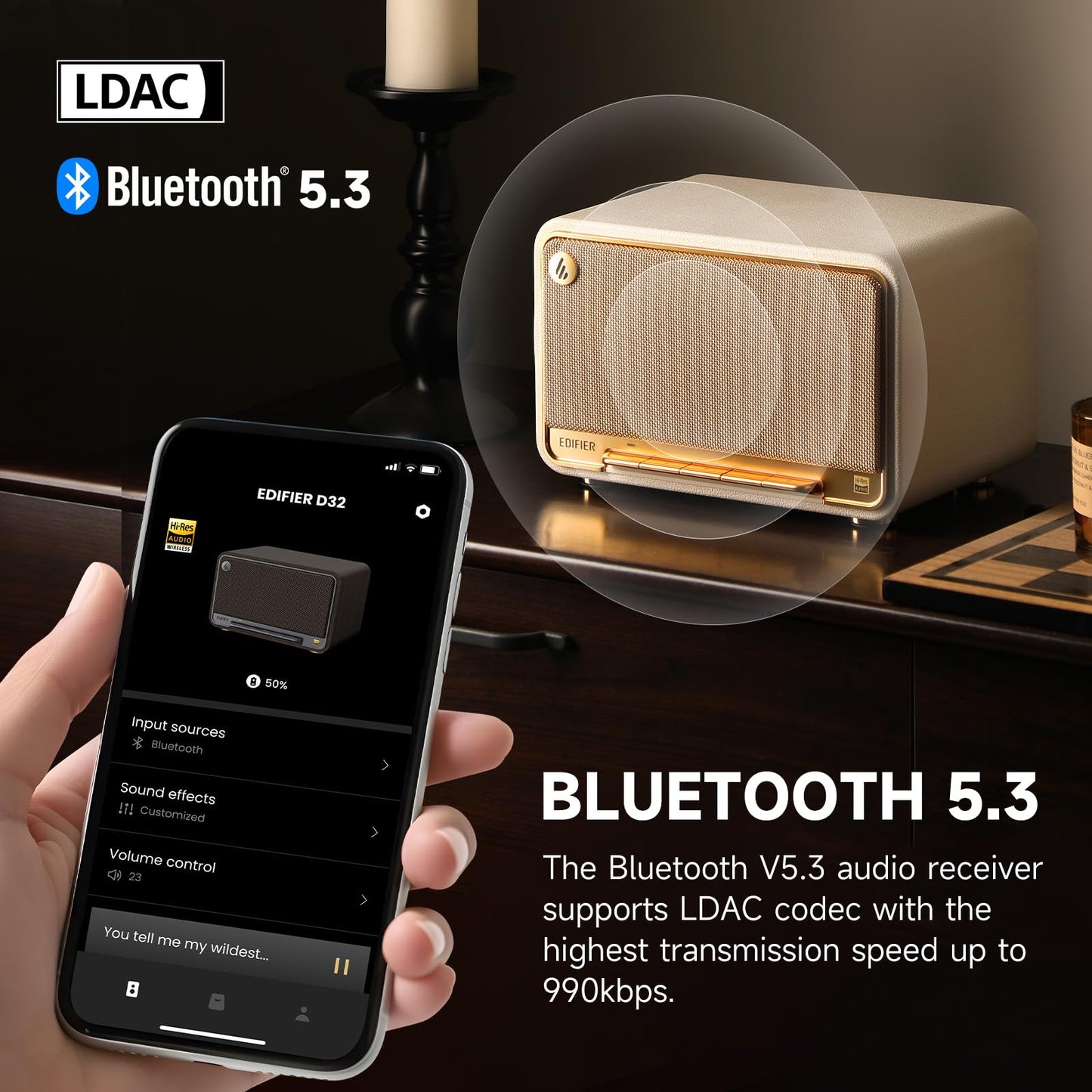 Edifier D32 Tabletop Wireless Speakers 60W RMS, Hi-Res Audio Bluetooth 5.3 Speaker Support LDAC, Portable Retro Wooden Compatible with AirPlay2, USB-C