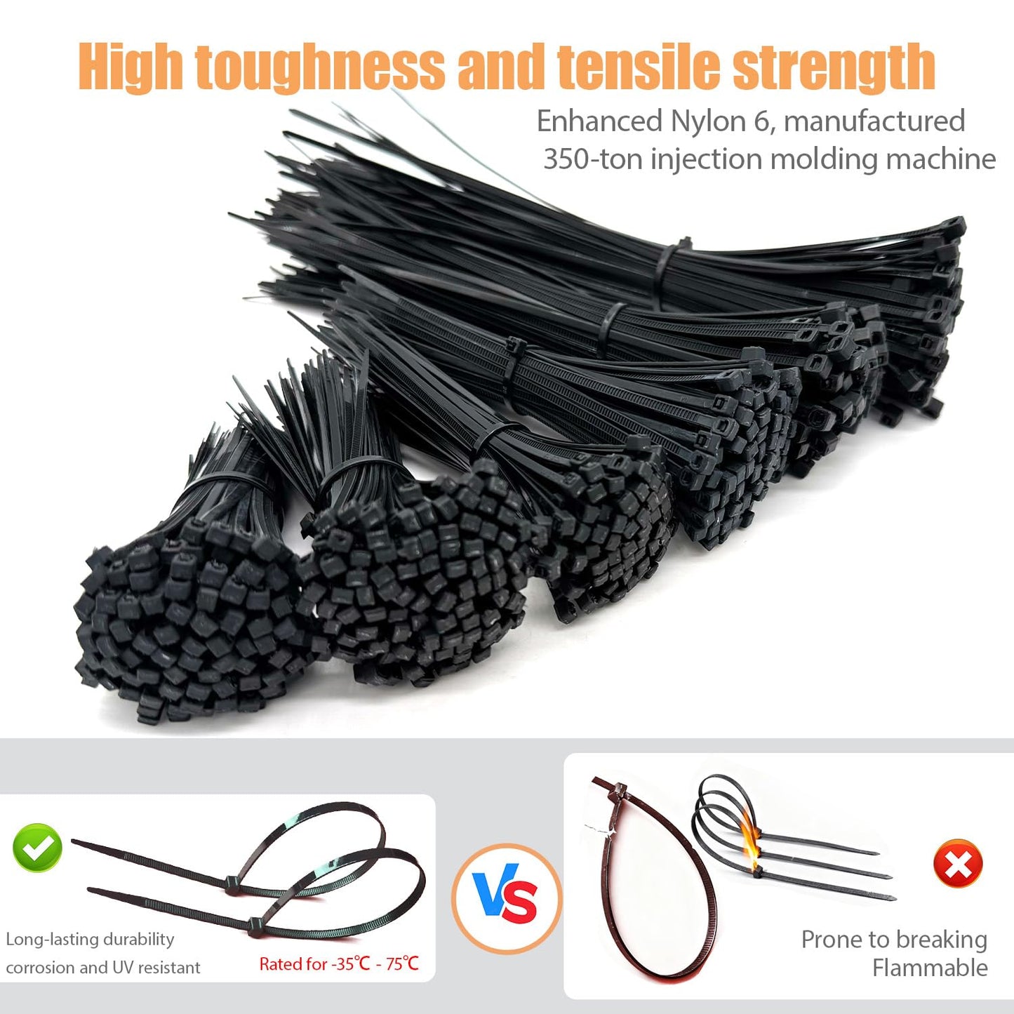 700 Pcs Cable Ties,6 Size 3.2/4/4.7/6/8/10 Inch Black Nylon Electrical Zip Ties,Zipties Assorted Sizes for Home Office,Gardening,Electronics,Cable