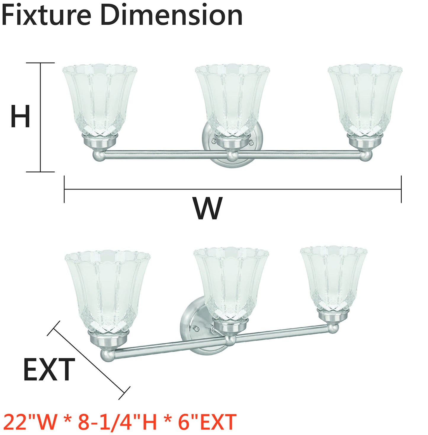Aspen Creative 62172-1A, Three-Light Metal Bathroom Vanity Wall Light Fixture, 22" Wide, Transitional Design in Satin Nickel