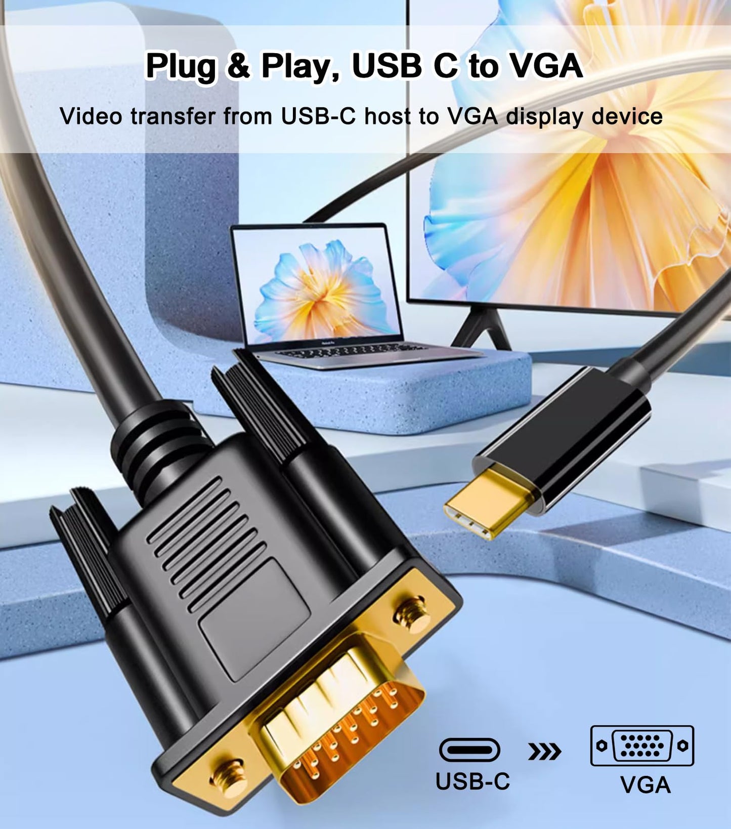 USB C to VGA Cable 6FT, 1080P@60Hz USB Type C to VGA Adapter Video Converter [Thunderbolt 3/4 Compatible] with Macbook Air, iPad Pro, iPhone 15/16