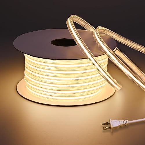 BENLUN AC 110V COB LED Strip Lights Outdoor Waterproof IP67 65.6FT, 3000K Warm White 200W 480LEDs/M CRI 90+ Transparent Silicone LED Rope Light
