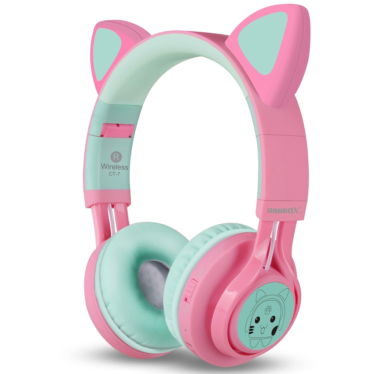 Riwbox CT-7 Cat Ear Kids Bluetooth Headphones, LED Light Up Bluetooth Wireless Over Ear Headphones with Microphone and Volume Control