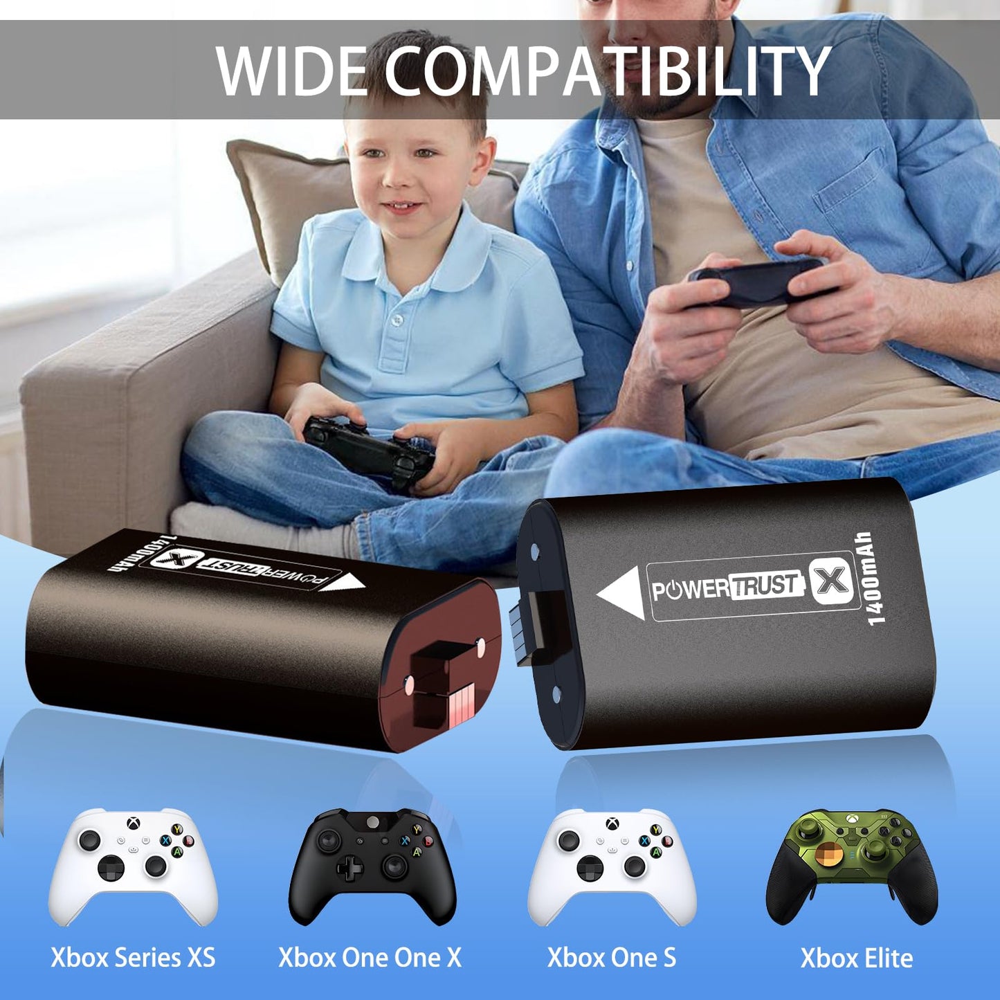 PowerTrust 2X 1400mAh Rechargeable Battery for Xbox Series X, Xbox One, Xbox One S, Xbox One X, Xbox One Elite Controller