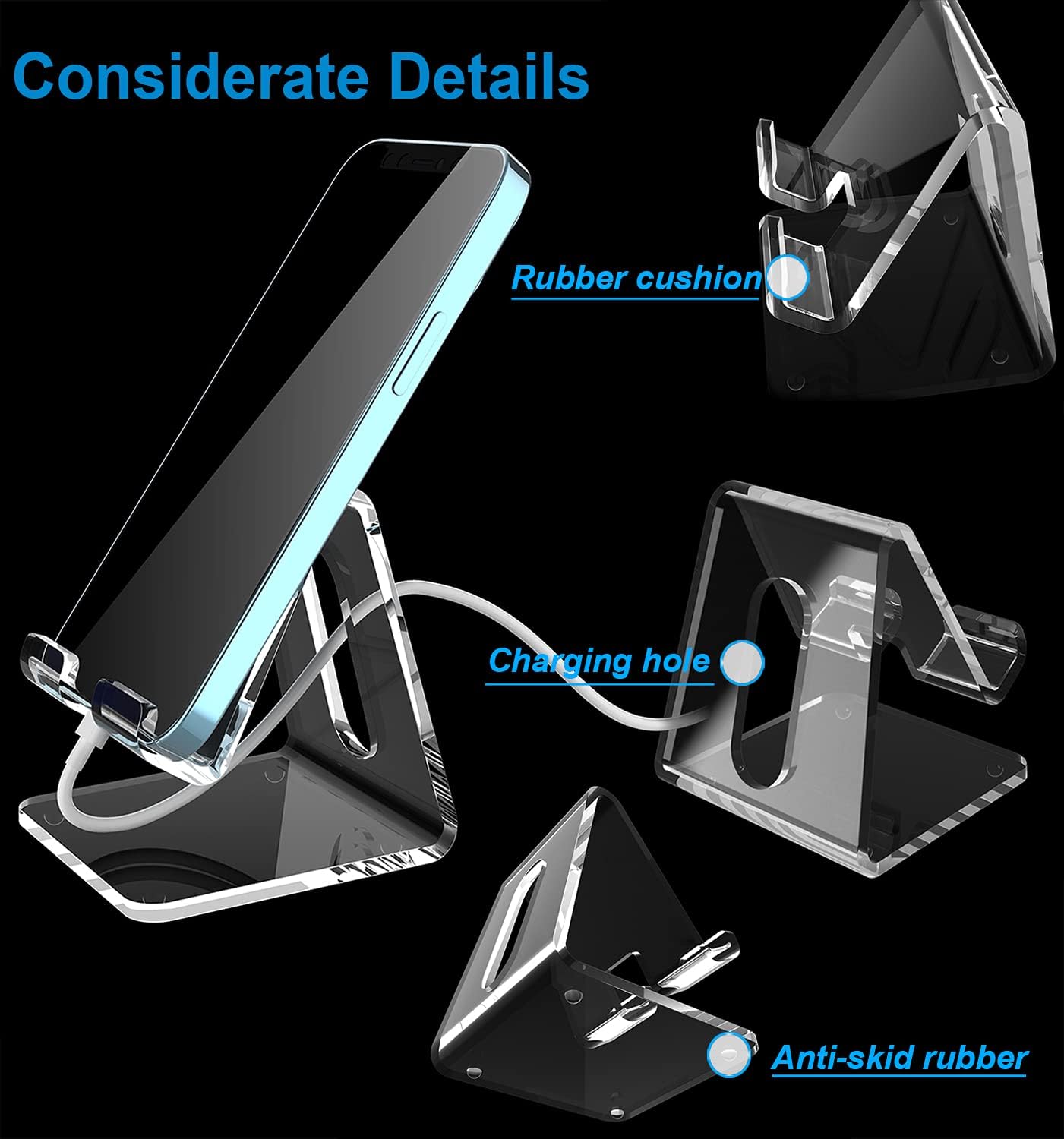 Crpich Acrylic Cell Phone Stand, Portable Phone Holder, Clear Phone Stand for Desk, Compatible with Phone16 15 14 13 12 Pro Max 11 Xr Plus SE, Switch