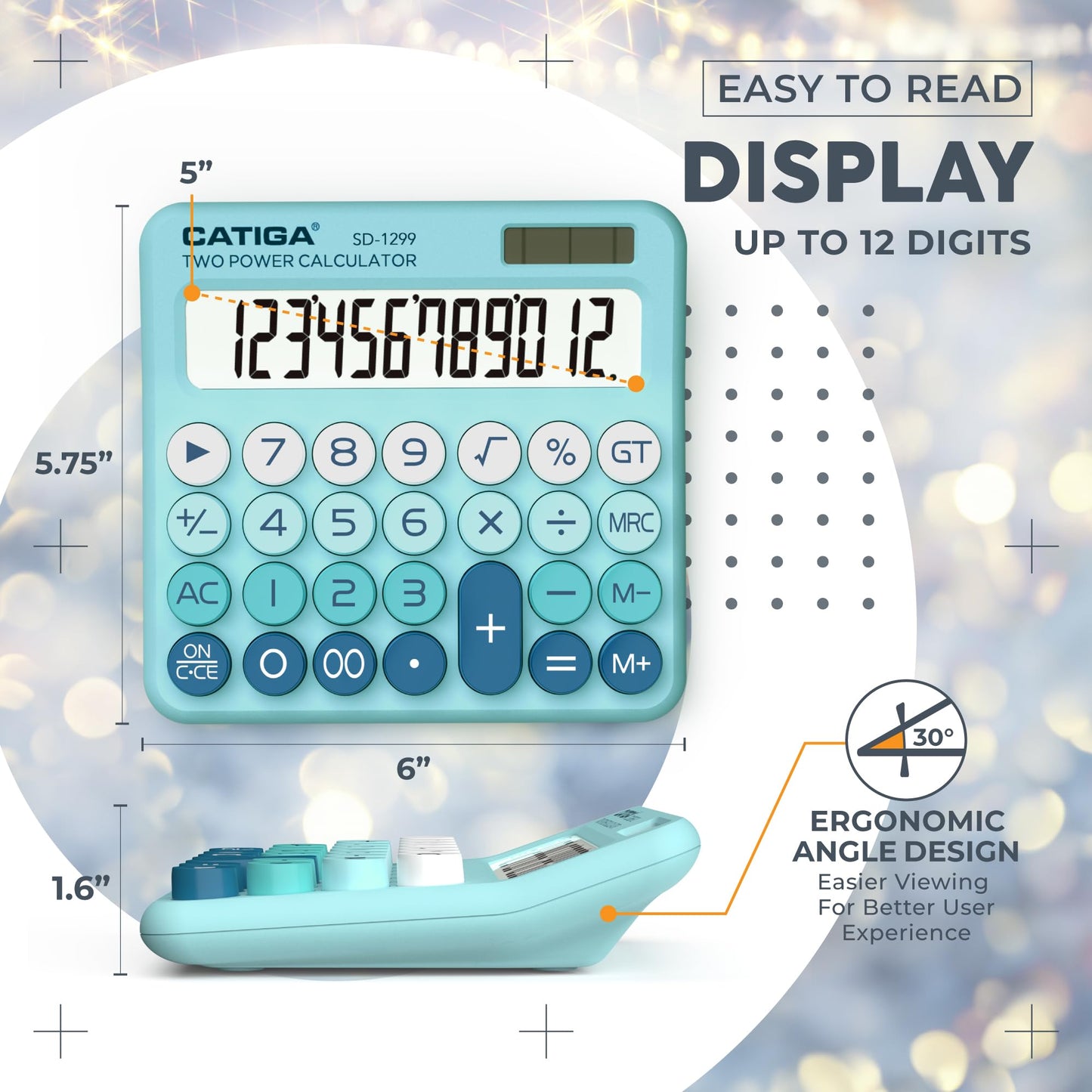 CATIGA Mechanical Switch Calculator with Solar and Battery Dual Power, 12-Digit Large LCD Display, Aesthetic and Cute Desktop Calculator with Big