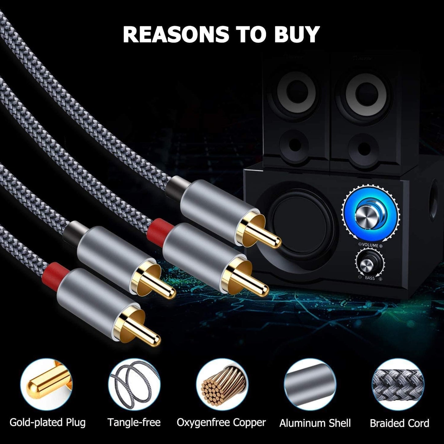 Goalfish RCA Cable, 10FT RCA Male to Male Audio Stereo Subwoofer Cable [2Pack, Hi-Fi Sound] Nylon-Braided Auxiliary Audio Cord for Home Theater, HDTV