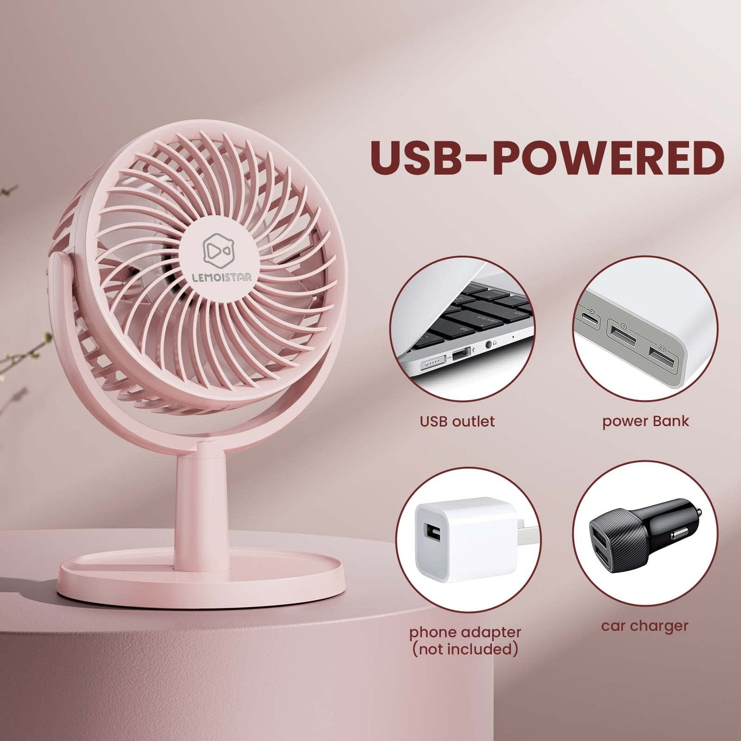 Shinebella 4 Speeds Small Desk Fan with Strong Airflow, Personal Portable Mini USB Fan, Quiet, 310 Degree Rotation, Detachable, Easy to Clean