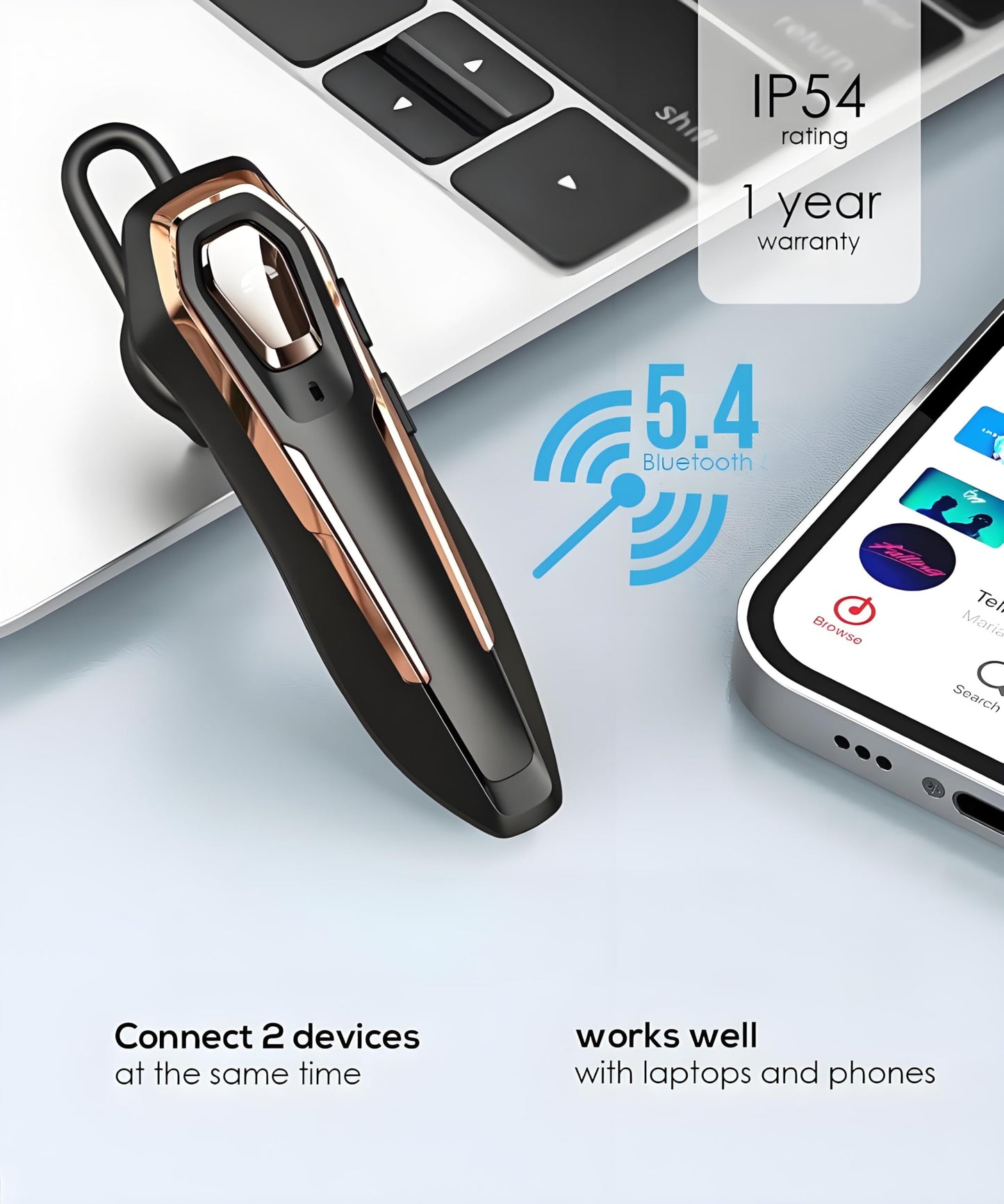 BEVCEFCC Hands-Free Bluetooth Headset V5.4, Bluetooth Earpiece Noise Canceling, 36Hrs Talk Time, Single Ear Headset for Work, Lightweight Wireless