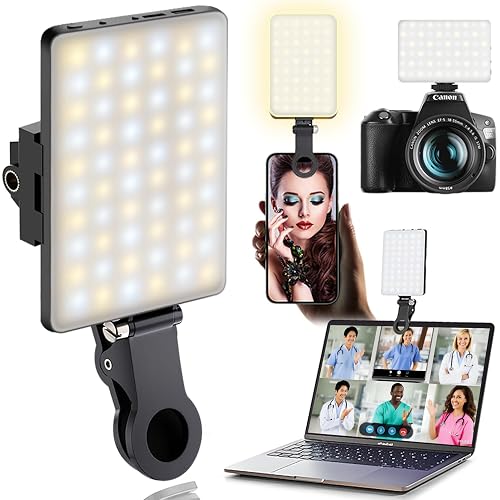 60 LED Portable Selfie Light Video Conference Lighting with Clip & Camera Tripod Adapter Rechargeable 2000mAh CRI 97+, 3 Light Modes for Phone iPhone