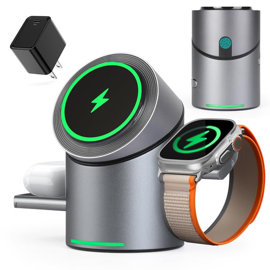 MOYiEAKAN 3 in 1 Auto Rotation Wireless Charging Station for Apple Devices, Mag-Safe Wireless Charging Stand, Qi2 15W Charging Station for iPhone 16