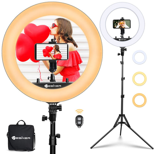 Yesker Ring Light 18 Inch with Stand Tripod Big Selfie Ringlight Adjustable 6000K Dimmable LED Portable Professional Ring Lights Kit Phone Holder