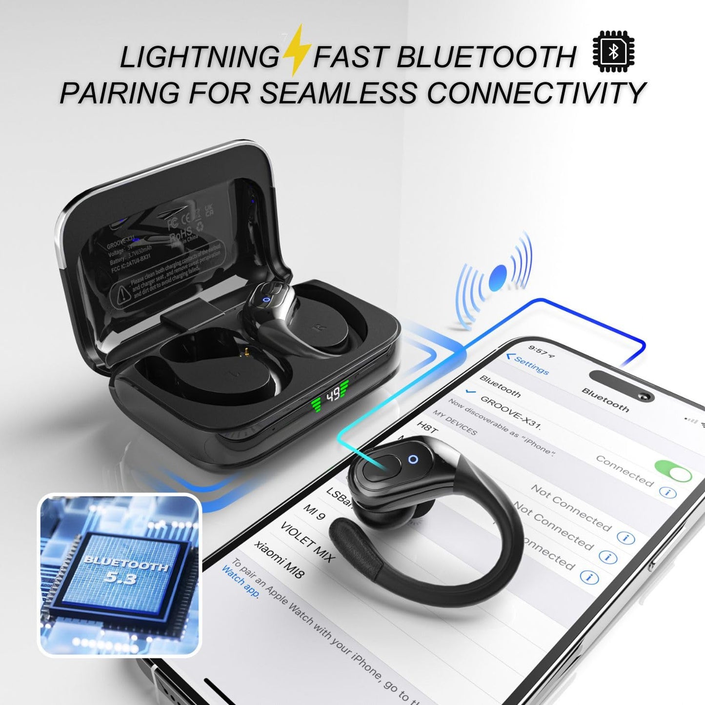 Groove 4-in-1 Wireless Earbuds w/Charging Case - 80 Hours Playtime Wireless Headphones Bluetooth 5.3 IPX7 Waterproof Noise Cancelling Earphones w/LED