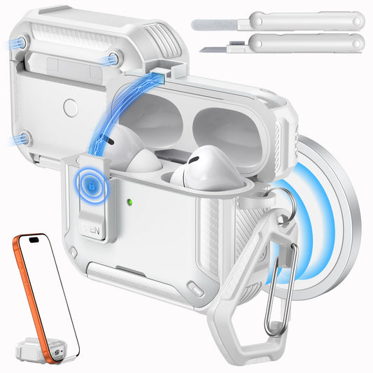 MoKo for AirPods Pro 2 Case with Lock - Compatible with MagSafe, Phone Stand & Auto Pop-up for AirPods Pro 2nd/1st Generation Case, Military-Grade