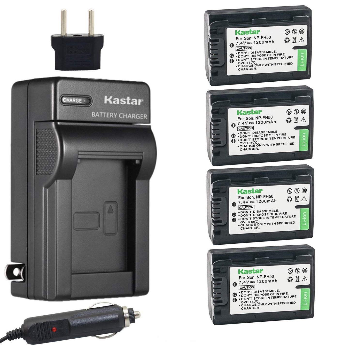 Kastar Battery (4-Pack) + Charger Replacement for Sony NP-FH50 NP-FH40 NP-FH30 DSLR-A230 DSLR-A330 DSLR-A290 DSLR-A380 DSLR-A390 HDR-TG1E HDR-TG3