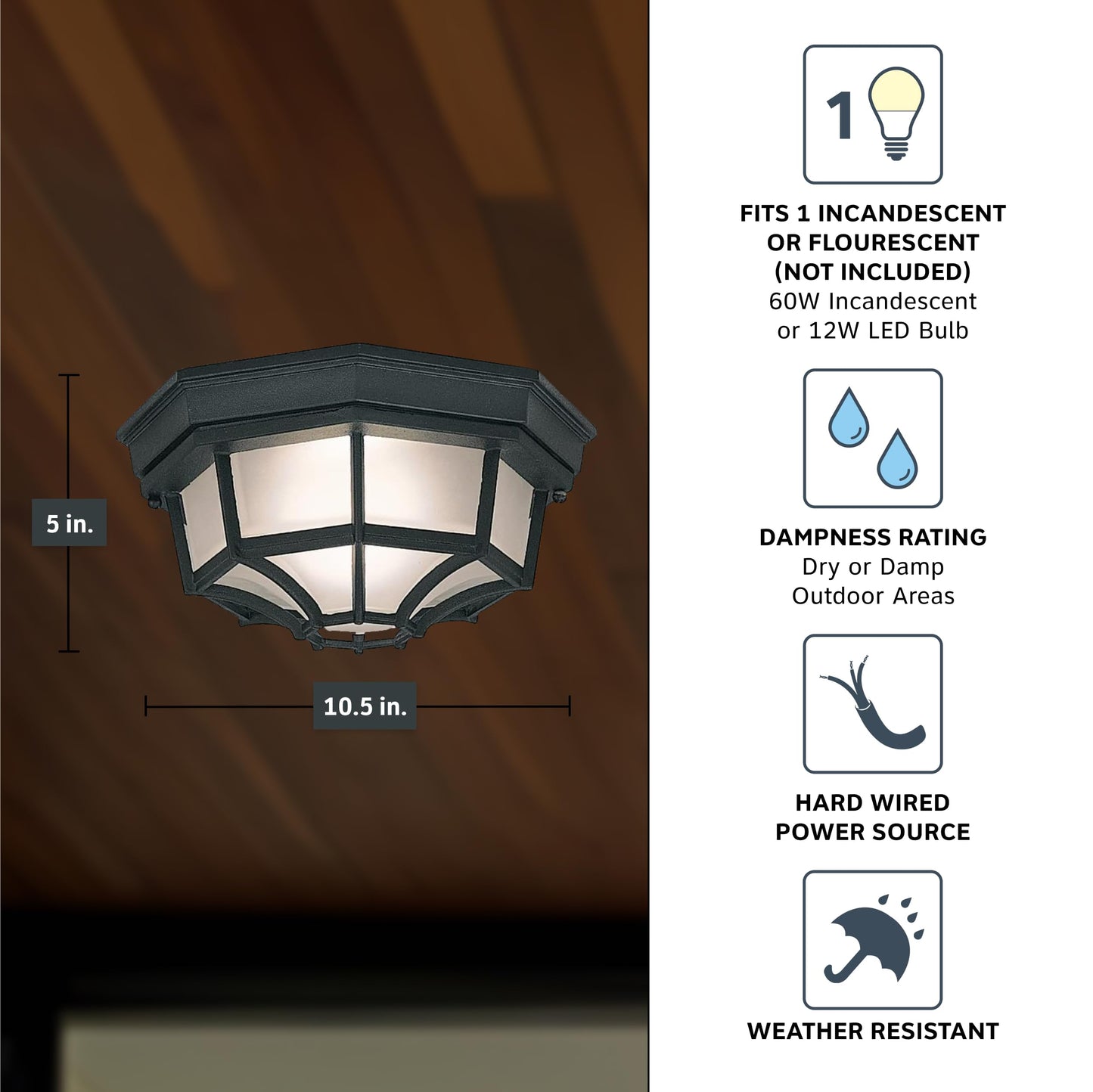 Designers Fountain 2067-BK Builder Cast Outdoor Flush Mount Ceiling Light, 10.5 in W, Black