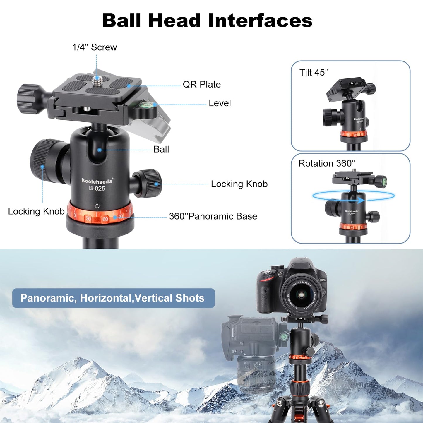 Koolehaoda Mini Desktop Tripod Aluminum Portable Camera Tripod 7"-25" Adjustable Desk Tripod with 360° Ball Head, 1/4" Quick Shoe Plate for DSLR