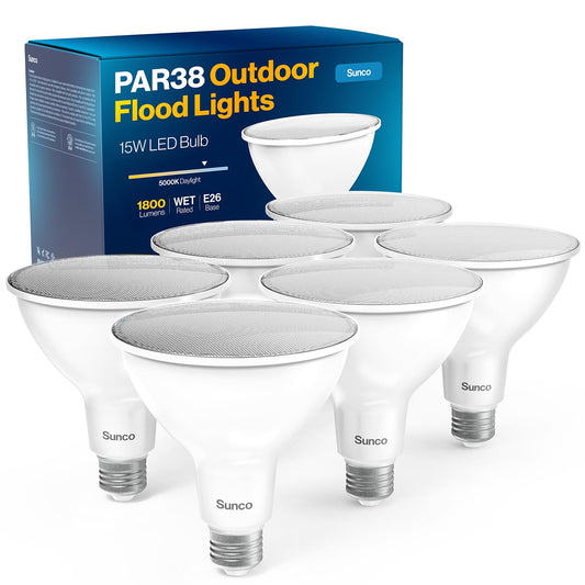 Sunco 6 Pack PAR38 LED Flood Light Bulb, 15W=150W, Dimmable, Waterproof