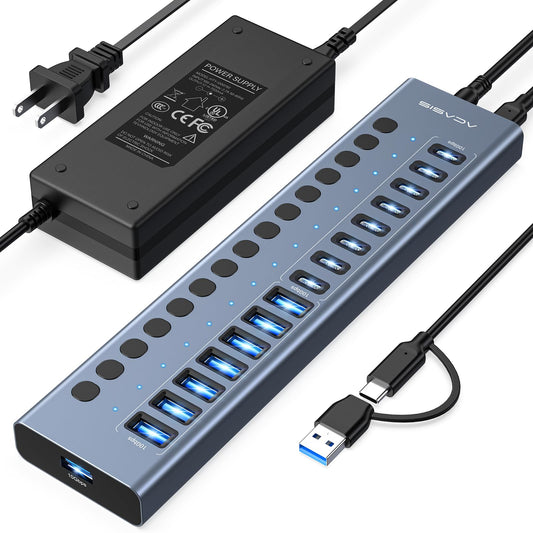 Powered USB 3.2 Hub, ACASIS 16 Ports USB 3.2 Hub(8 USB-A 3.2 Ports+8 USB-C 3.2 Ports), Aluminum USB Hub Powered with 96W Power Adapter, USB Hub