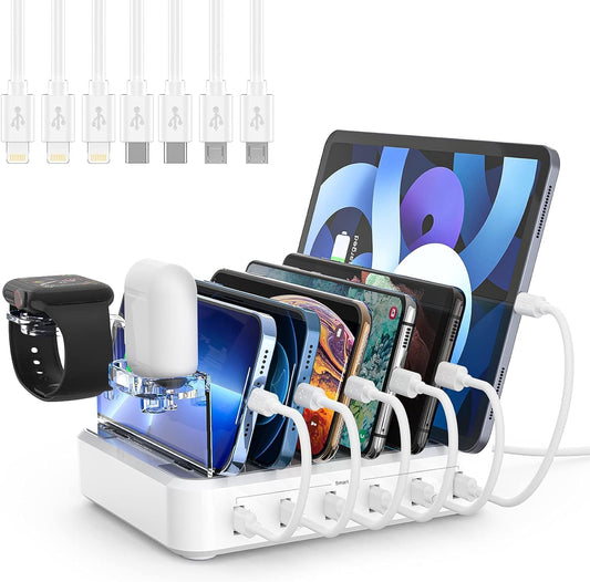 Charging Station for Multiple Devices,60W 6 Port Charger Station with 7 Mixed Charging Cables,USB Charging Dock,Compatible with Cellphone,Tablet