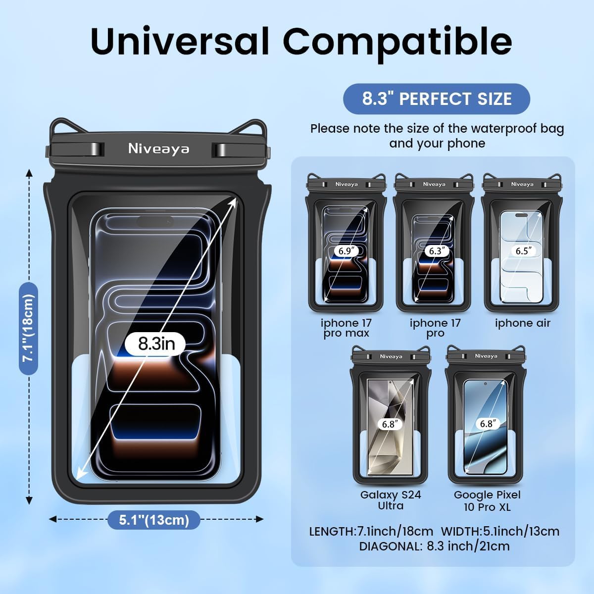 Niveaya Waterproof Phone Pouch - 2 Pcs, IPX8 Double Space Waterproof Phone Case, Accommodates Multiple Cell Phones.