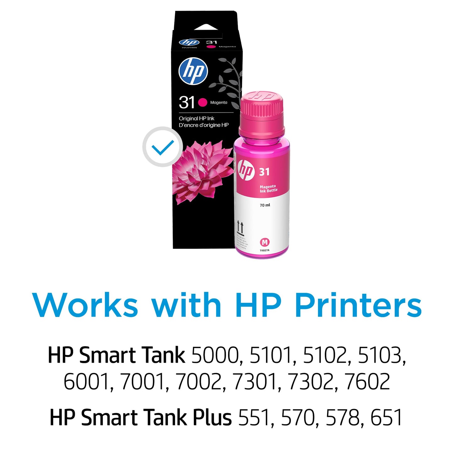 HP 31 | Ink Bottle | Magenta | Up to 8,000 Pages per Bottle | Works Smart Tank Plus 651 Smart Tank Plus 551 | 1VU27AN | Packaging May Vary