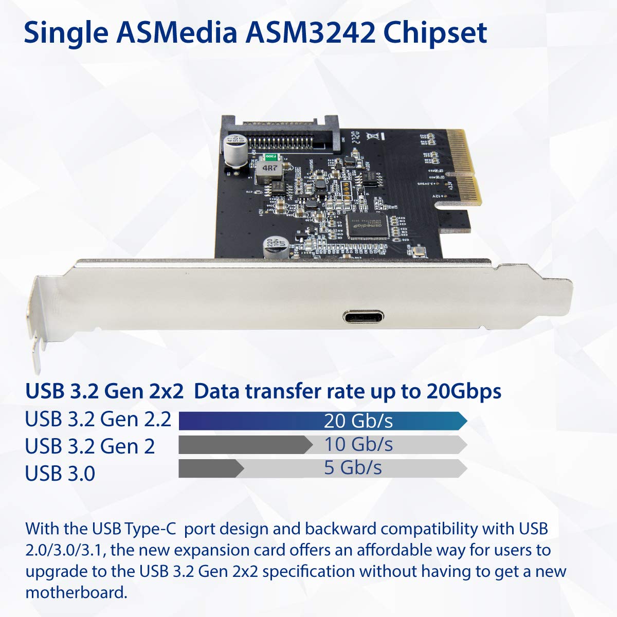 IO CREST USB-C 3.2 Gen 2x2 Type-C 20 Gbps PCI-e Gen 3 x4 Expansion Card SATA Powered ASMedia ASM3242