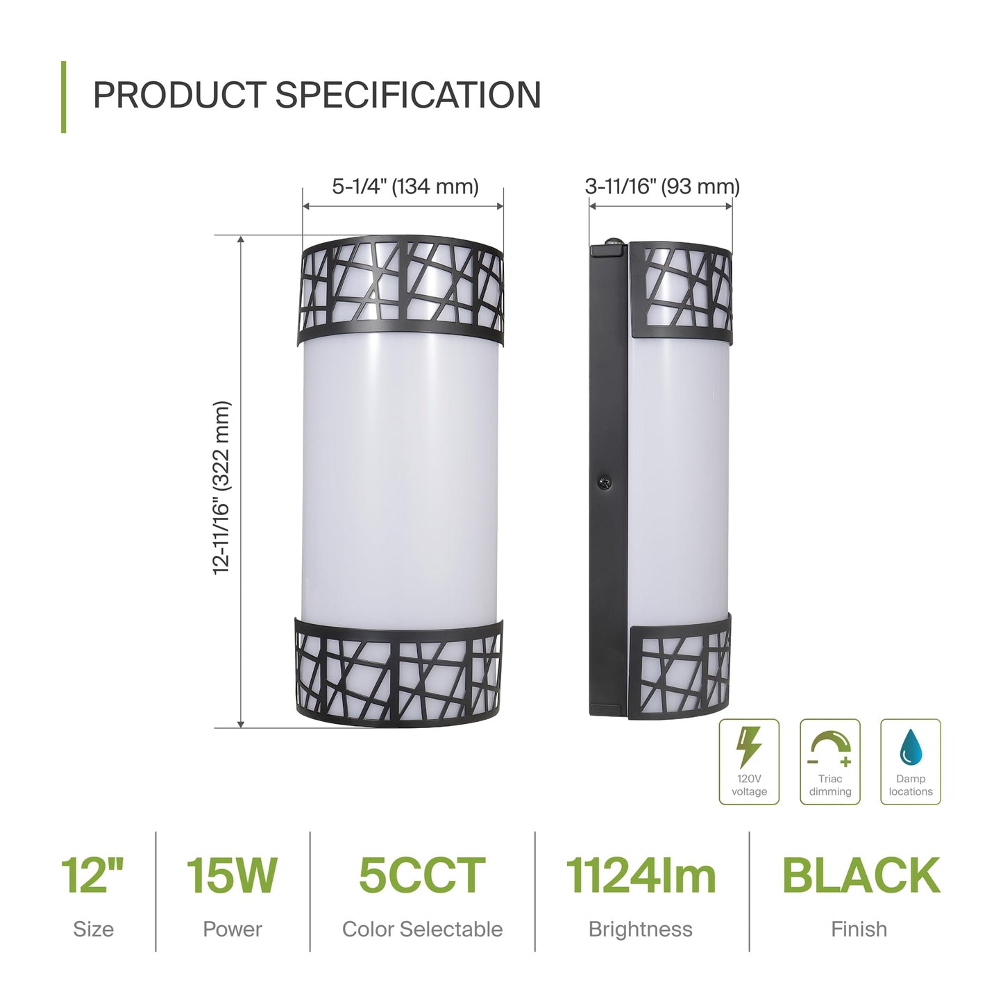 ASD 12 Inch LED Indoor Wall Sconce - Matte Black Modern Dimmable 15W 2700K-5000K Adjustable Wall Mounted Light Fixtures, Wall Lights for Bedroom