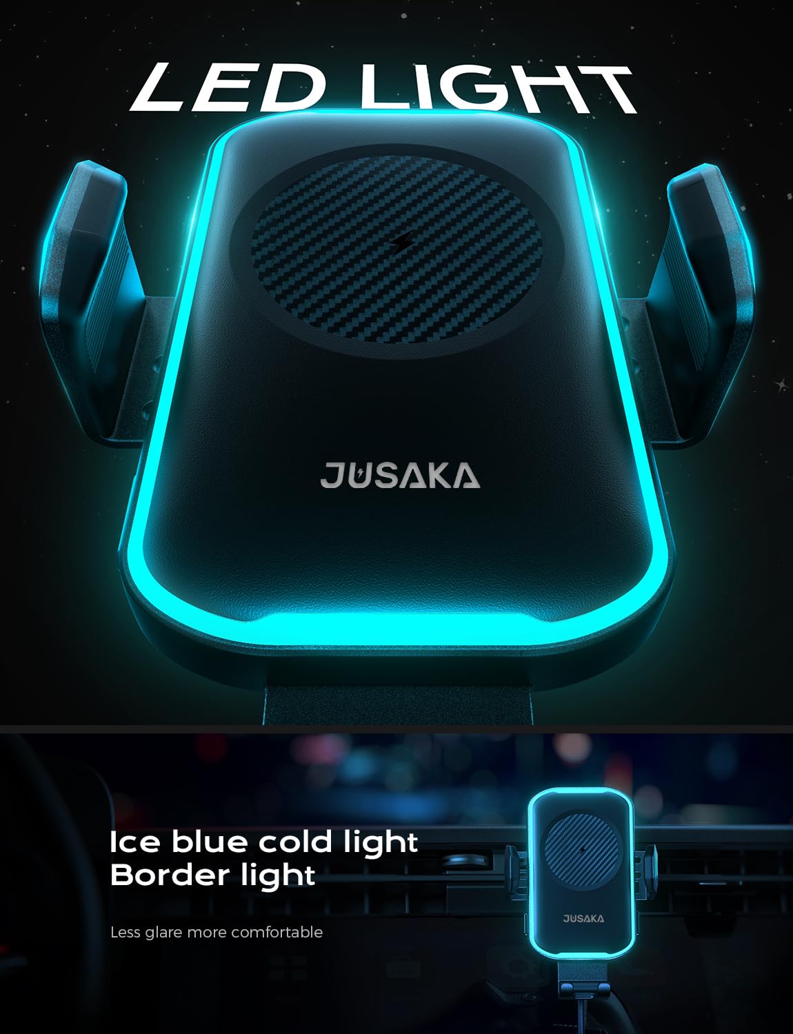 JUSAKA Wireless Car Charger,15W Fast Charging Auto Clamping Phone Holders for Your Car Compatible with iPhone 16/15/14/13, for Samsung Galaxy S24