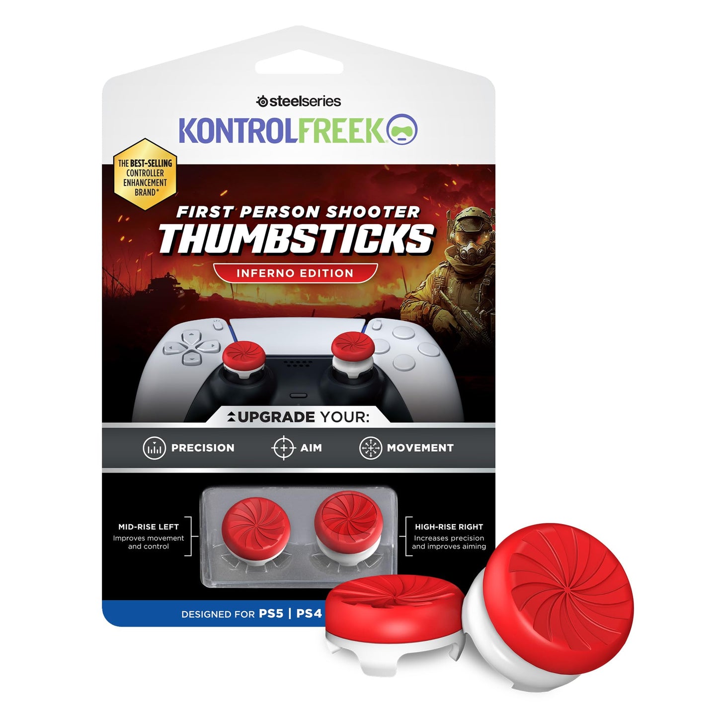 KontrolFreek FPS Freek Inferno for PlayStation 4 (PS4) and PlayStation 5 (PS5) Controller | Performance Thumbsticks | 1 High-Rise, 1 Mid-Rise |