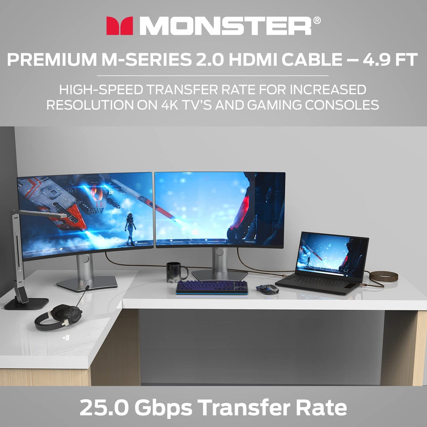 Monster M-Series Certified Premium HDMI Cable 2.0, Features 4K Ultra HD at 60Hz Refresh Rate, Duraflex Jacket, and Triple Layer Shielding, 25 Gbps