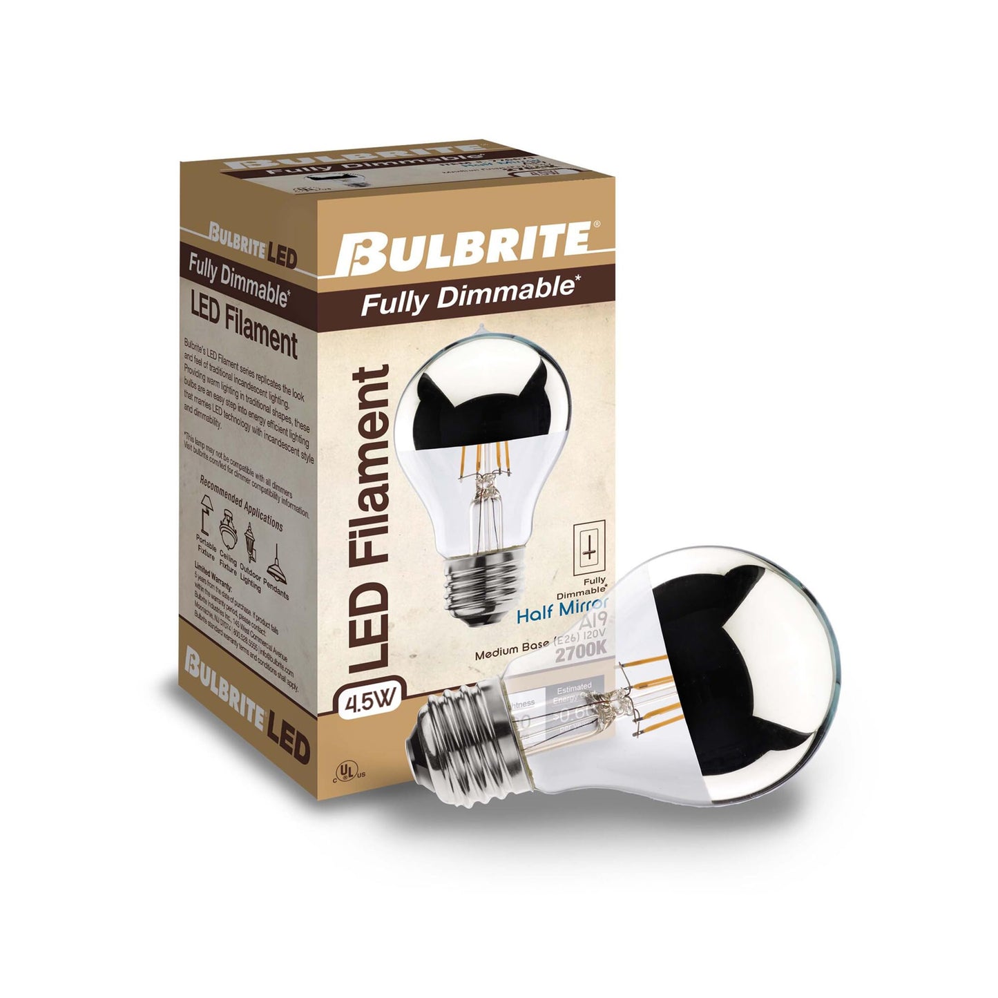 Bulbrite 776671 4.5W LED A19 Filament Bulb, E26 Base, Dimmable 2700K, Wet Rated, Half Chrome