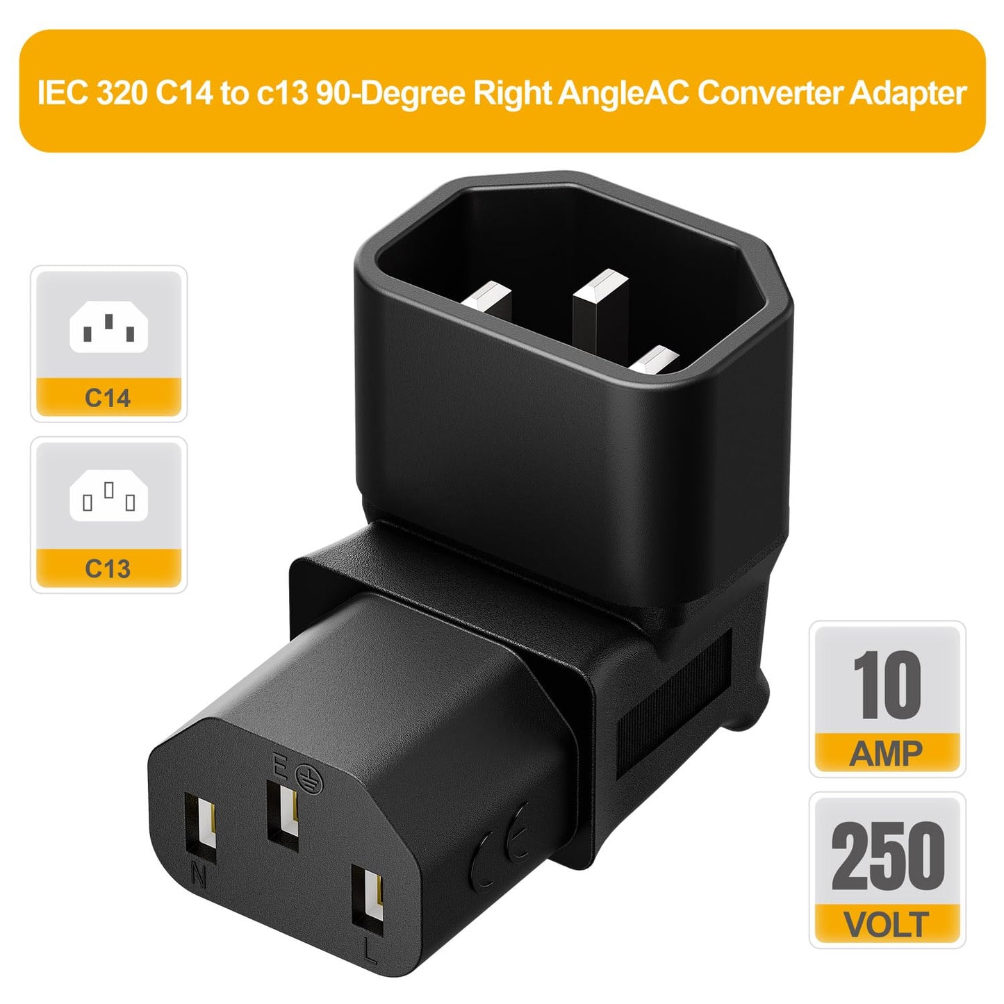 Vellcon [5Pack] IEC 320 C14 to C13 Right Angle AC Adapter, IEC 3Pole Male to Female 90Degree Up Angle AC Converter, C14 to C13 Up Angle AC Adapter