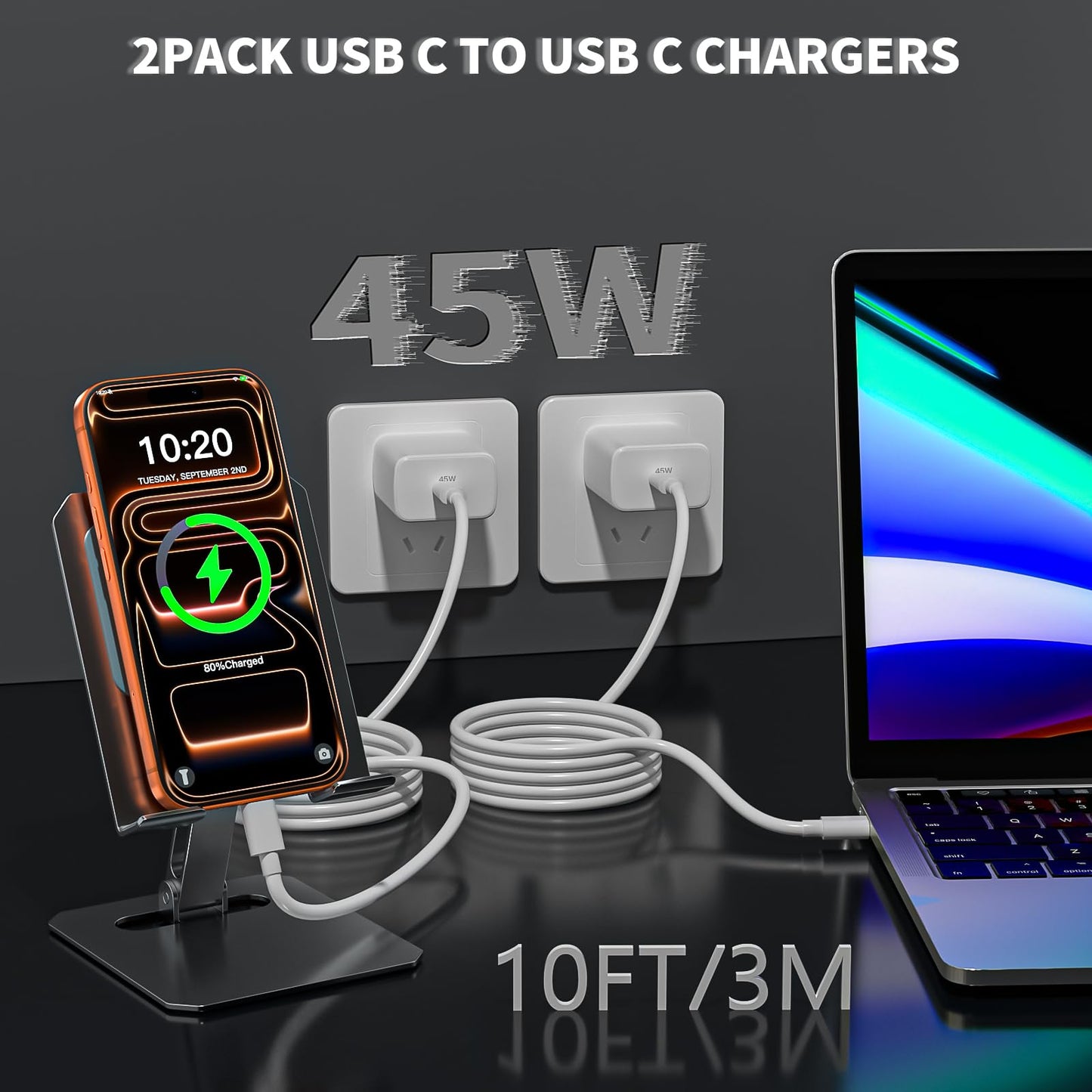 [Apple MFi Certified] iPhone 17 16 15 Pro Max Charger Fast Charging, 2 Pack Apple 45W USB C Super Fast Charger Block with 10FT Extra Long Type C