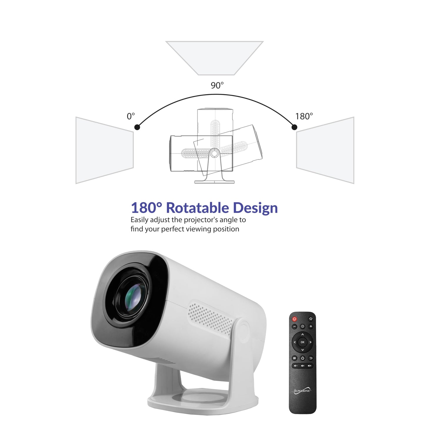 Supersonic SC-92P Smart HD Wi-Fi Projector with Bluetooth, 720p Native, 1080p Support, 1760 Lumens, 180° Rotatable, 6 Galaxy Lighting Effects, HDMI