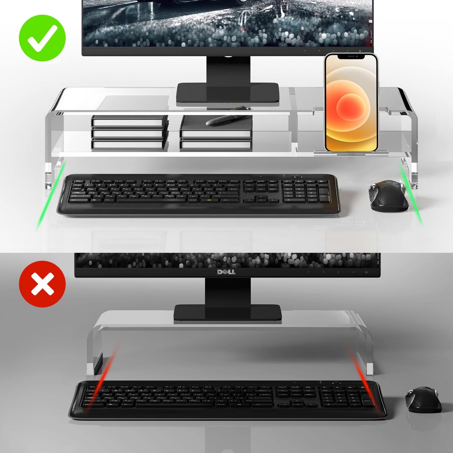 BEYGORM Acrylic Monitor Stand for Full Keyboard, 20" Wide 2-Tier Riser with Storage Shelf and Phone Holder, Desktop Organizer for Laptop, Printer