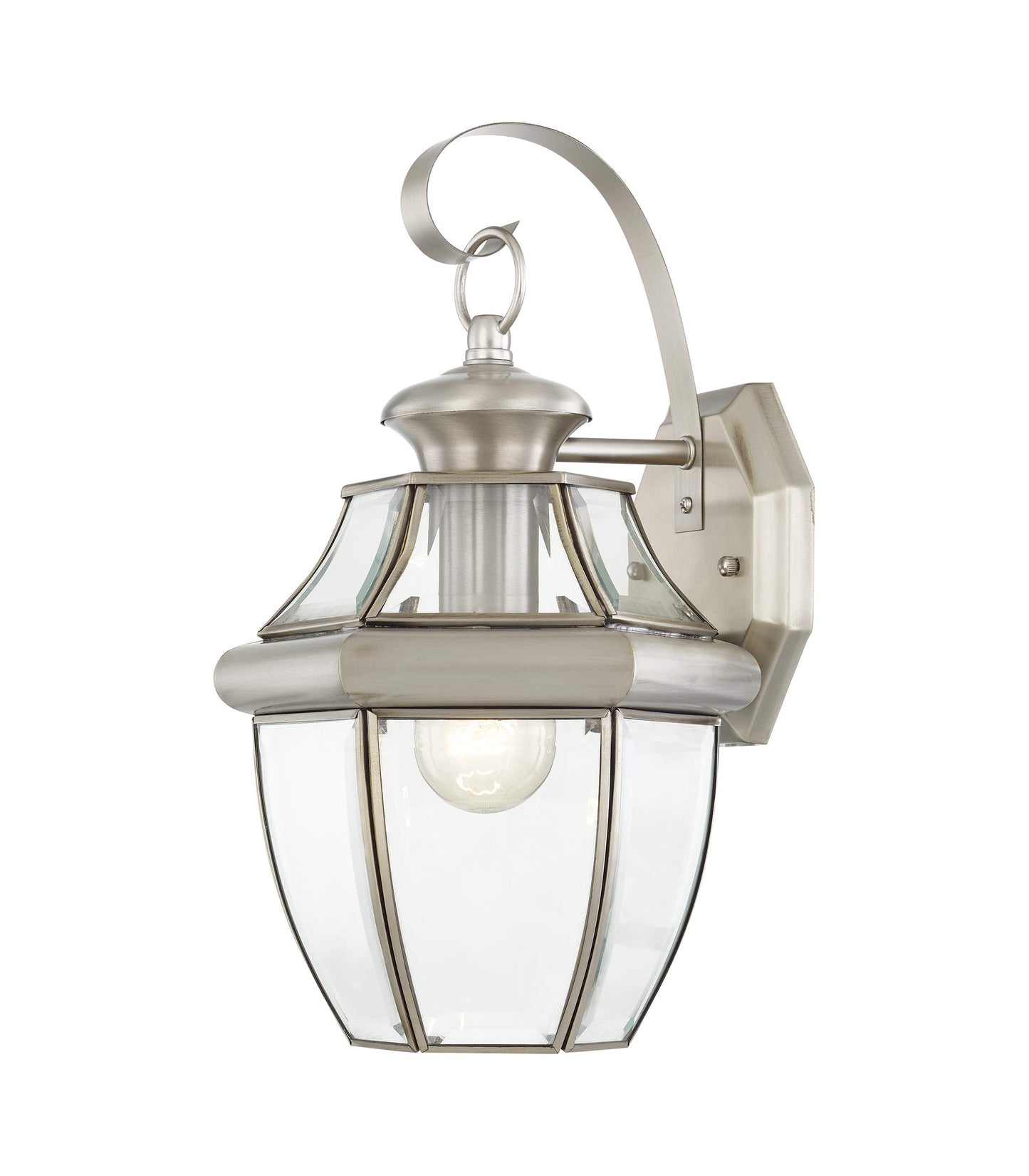 Livex Lighting 2151-91 Monterey 1 Light Outdoor Brushed Nickel Finish Solid Brass Wall Lantern with Clear Beveled Glass 13" x 8.5" x 8.25"