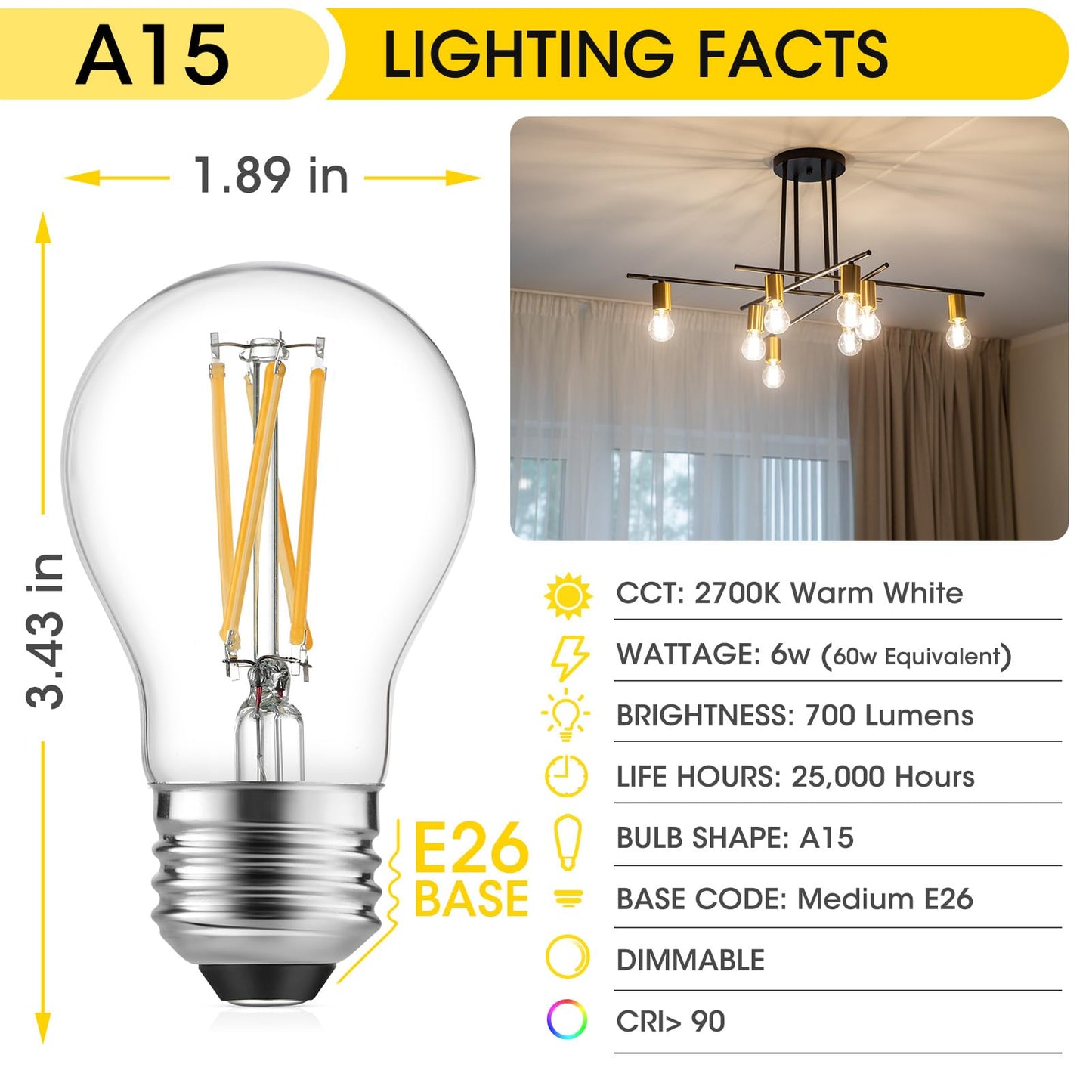 Gozelux A15 LED Bulbs - Vintage Edison Bulbs, Dimmable, Clear Glass, E26 Medium Base, 6W (60W Equivalent), 2700K Warm White, 700LM, for Ceiling Fans