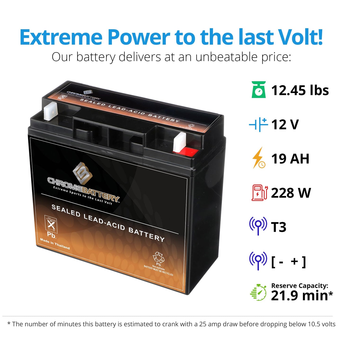 CB CHROMEBATTERY 12V 19AH T3 Maintenance-Free Battery for Alarm Systems, Scooters, Toys, Emergency Lights, and More - Nut and Bolt (T3) Terminal