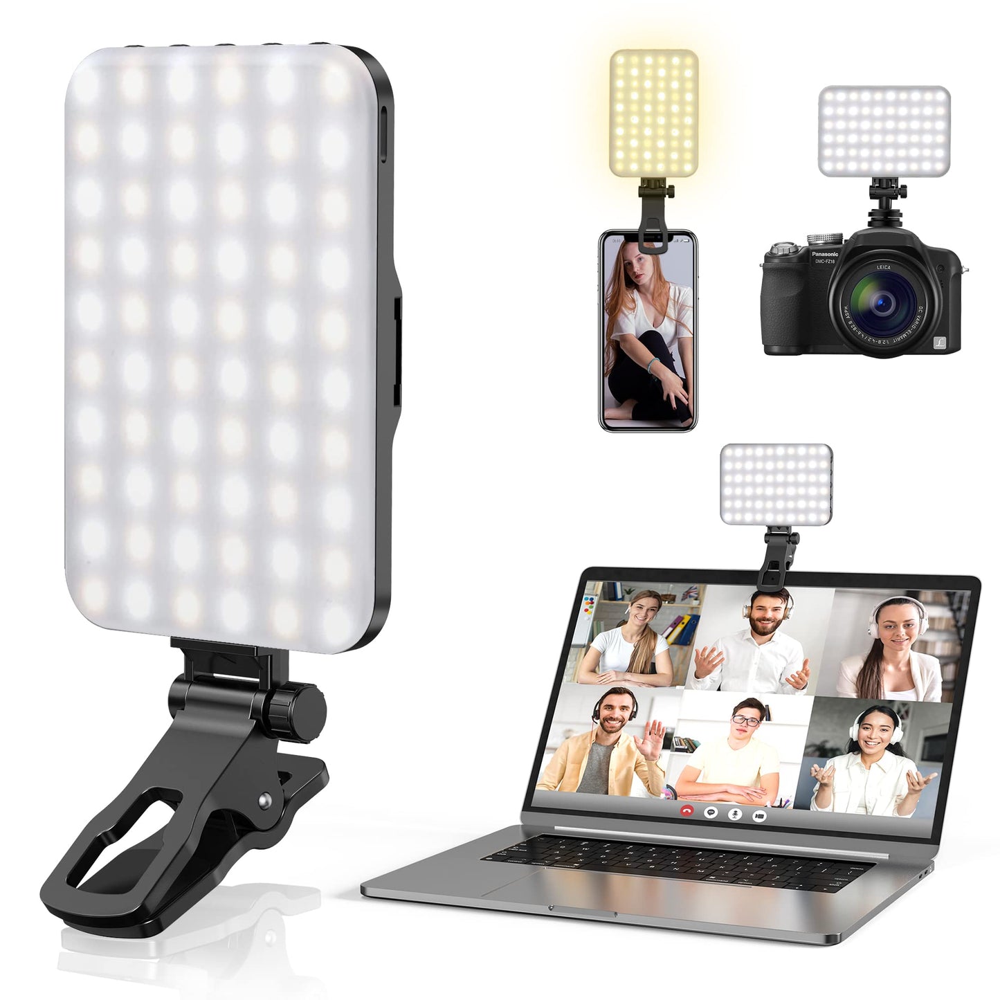 Anautin 60 LED 2200mAh Rechargeable Selfie Light, 7 Modes, 10-Level Brightness, Portable Clip on Light for Phone/Tablet/Laptop, Zoom Call Vlog Makeup