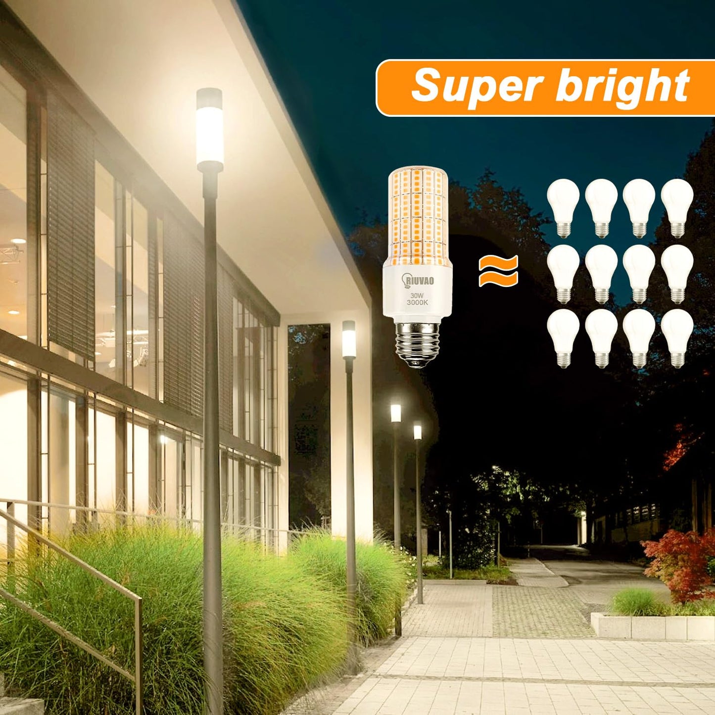 RIUVAO LED Corn Light Bulb 300w Equivalent 3750Lumen 3000K Cool Daylight White 30W E26/E27 Base Ceiling Fan Led Light Bulb for Home Garage Warehouse