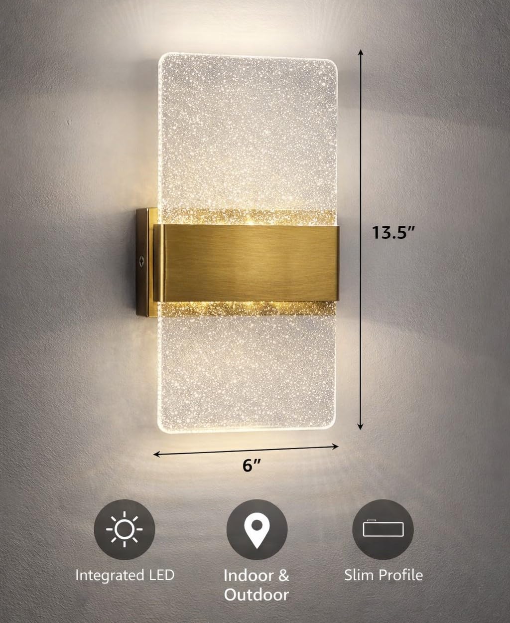 Jetima Modern LED Wall Sconce Set of 2, Gold & Crystal Acrylic Wall Light, Vertical Vanity Lighting Fixture, Waterproof Indoor Outdoor Wall Lamp