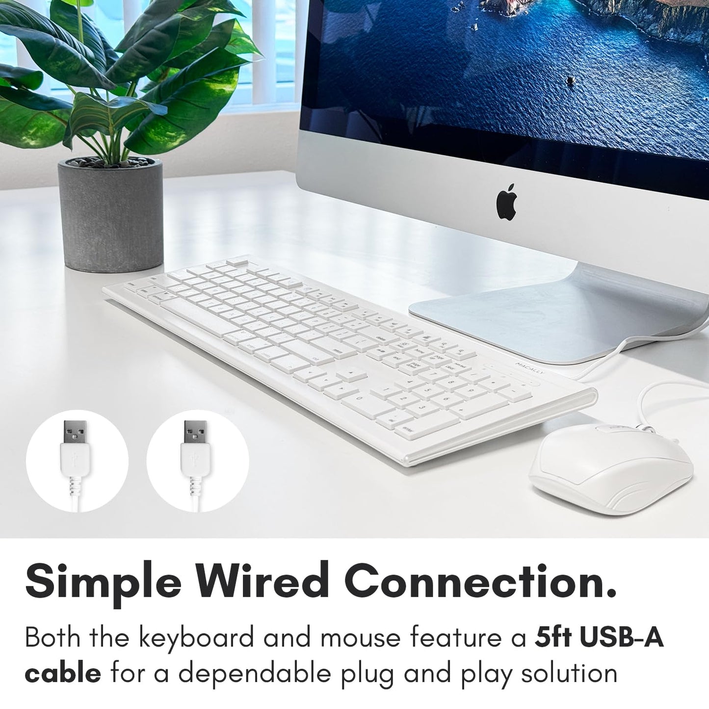 Macally 104 Key USB Wired Keyboard and Mouse Combo with Apple Shortcut Keys for Mac, iMac, Macbook, and Windows PC (MKEYECOMBO), White