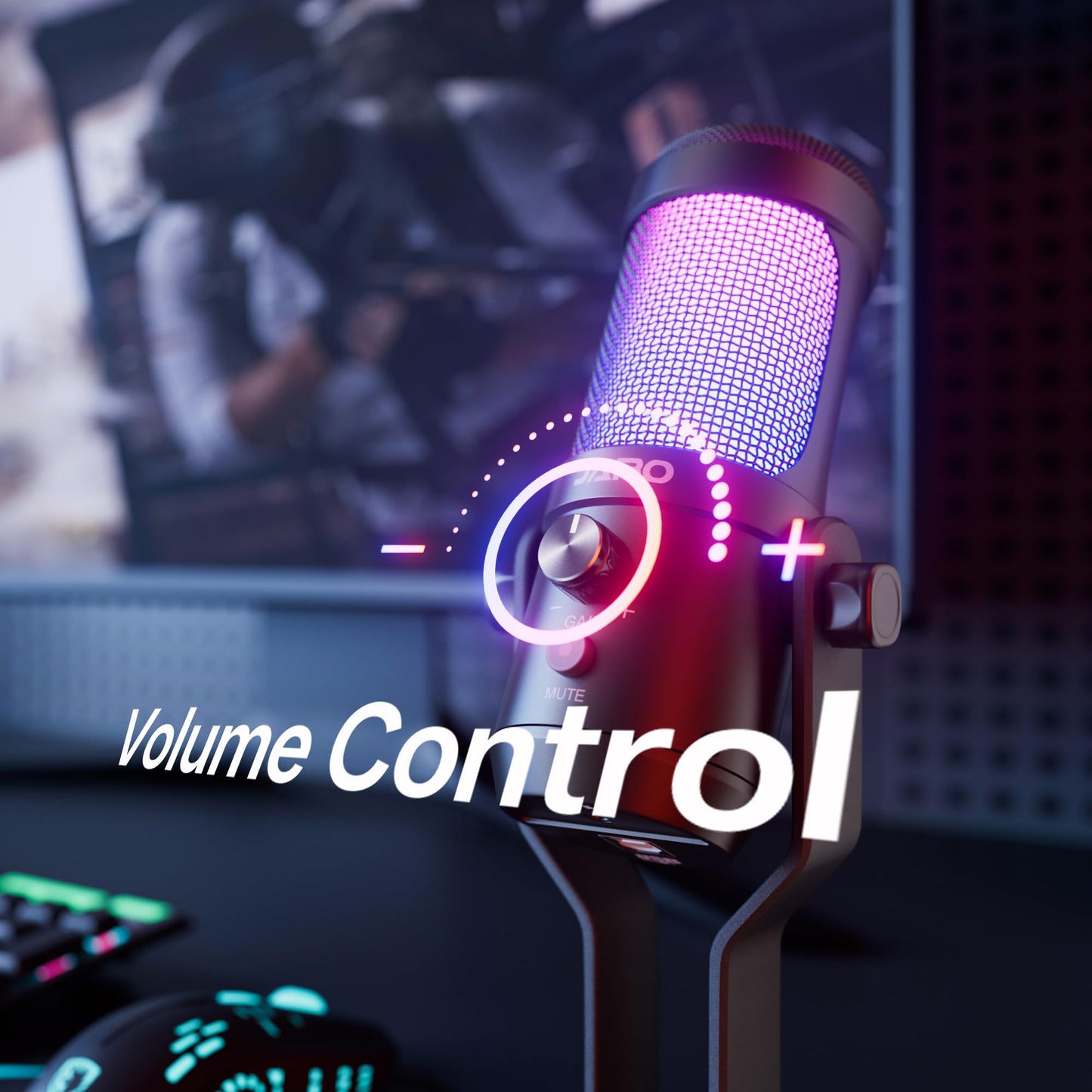 JARO USB Condenser Microphone with Mute Noise Cancelation RGB for Podcasting Gaming Streaming YouTube Zoom AMSR Singing Recording [Compatible with PC