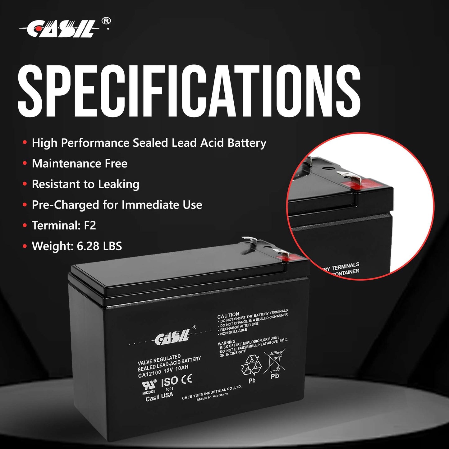 Casil 12V 10Ah Sealed Lead Acid Rechargeable Battery SLA AGM Battery with F2 Terminals