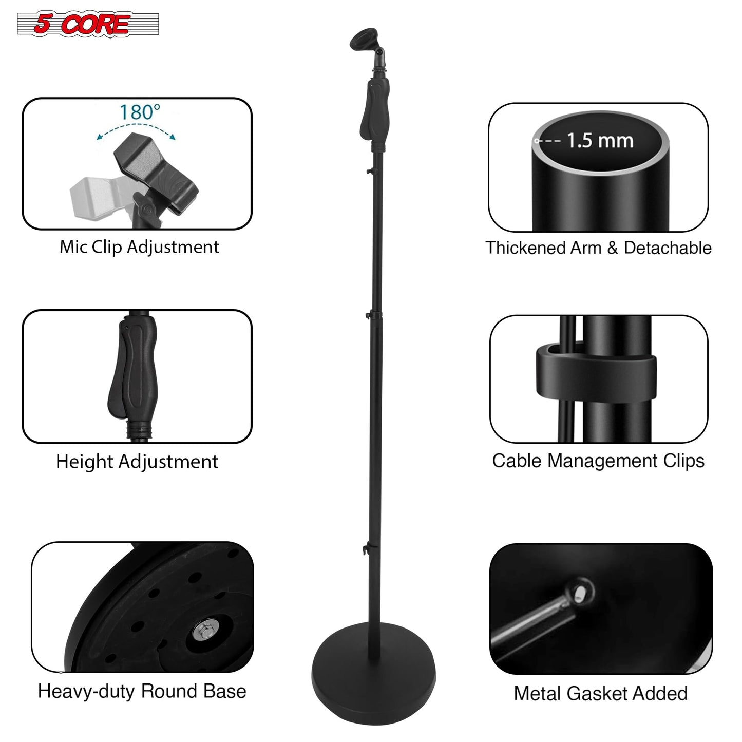 5 Core Microphone Stand Universal Floor Height Adjustable 35 to 57" Round Base Quick Setting Lock-Tight Knob w 5/8 Thread Adapter 2 Mic Holder 3 Wire
