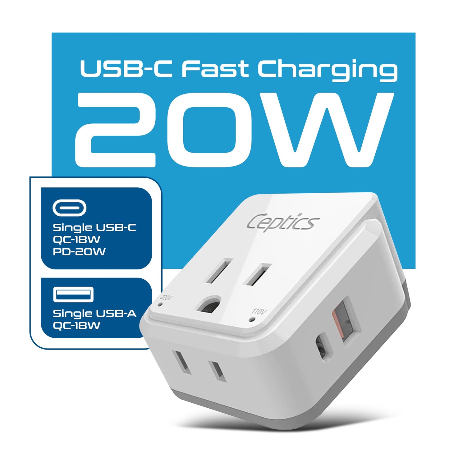 Ceptics Europe Plug Adapter, 20W PD & QC, Safe Dual USB & USB-C 3.1A - 2 USA Outlet - Compact & Powerful - Use Euro, Greece, Italy, Switzerland…