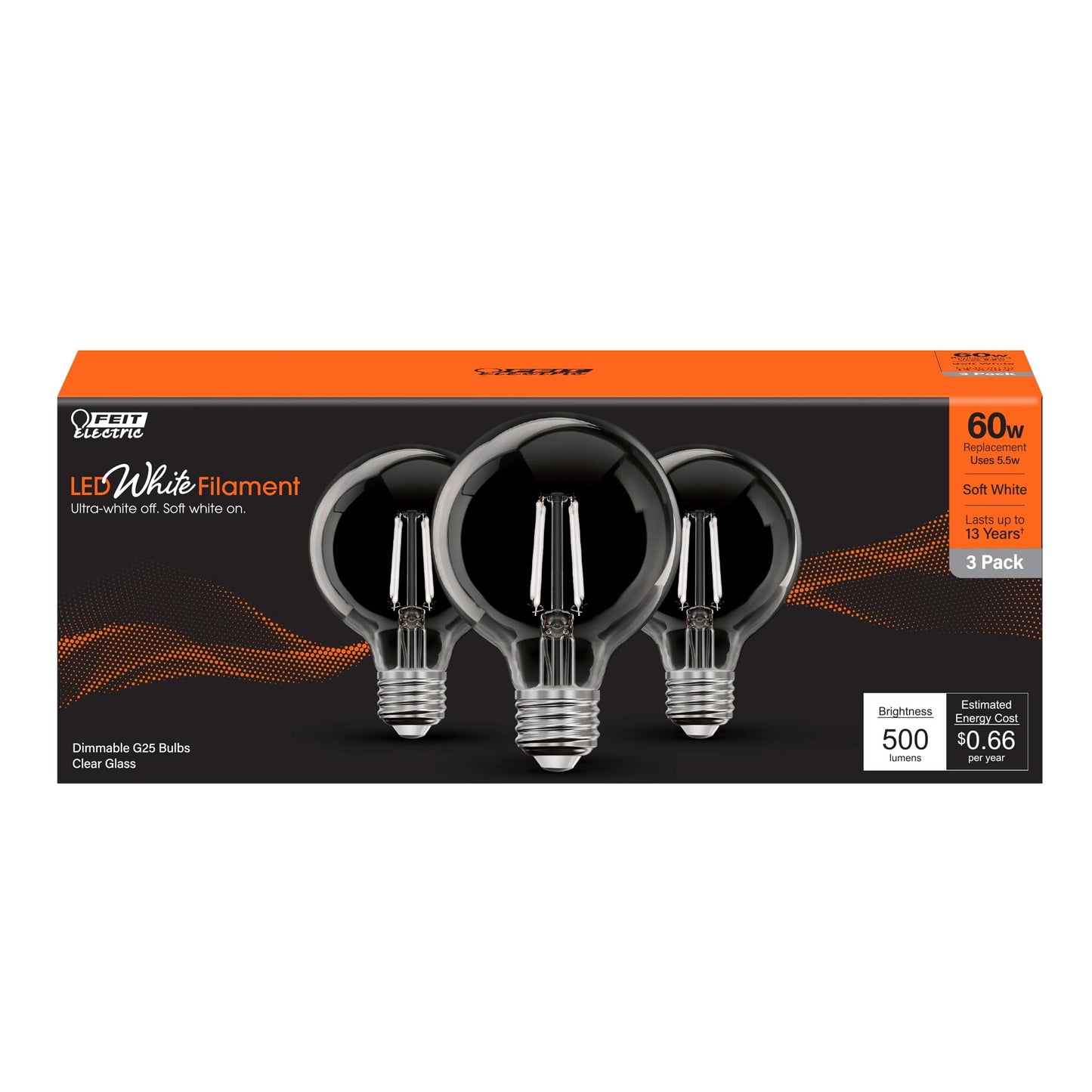 Feit Electric G25 White Filament LED Bulb, 60W Eq, Soft White, 3 Pack