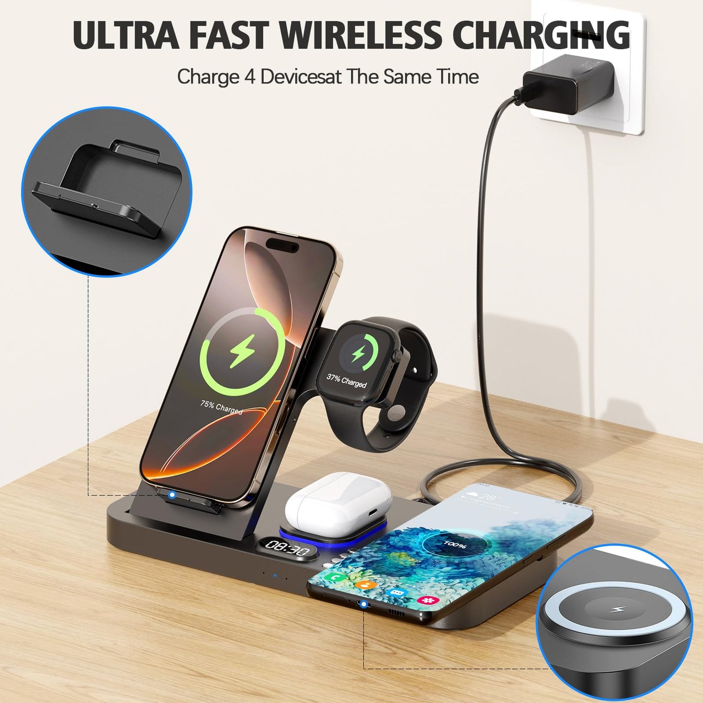 YiJYi Dual Phone Wireless Charging Station for Apple Devices, 30W Wireless Charger with Auto-Switch 7-Color Light & Clock,Dual iPhone for iPhone 17