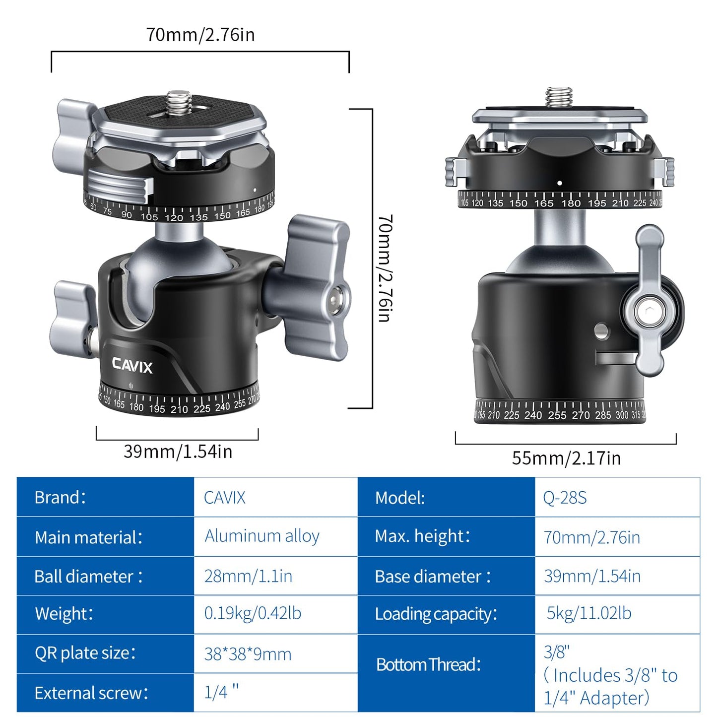 CAVIX 360° Rotating Panoramic Ball Head, Tripod Head Mount 1/4" & 3/8" with Arca Quick Release Plate, for DSLR Camera,Tripod,Monopod,Slider,Camcorder