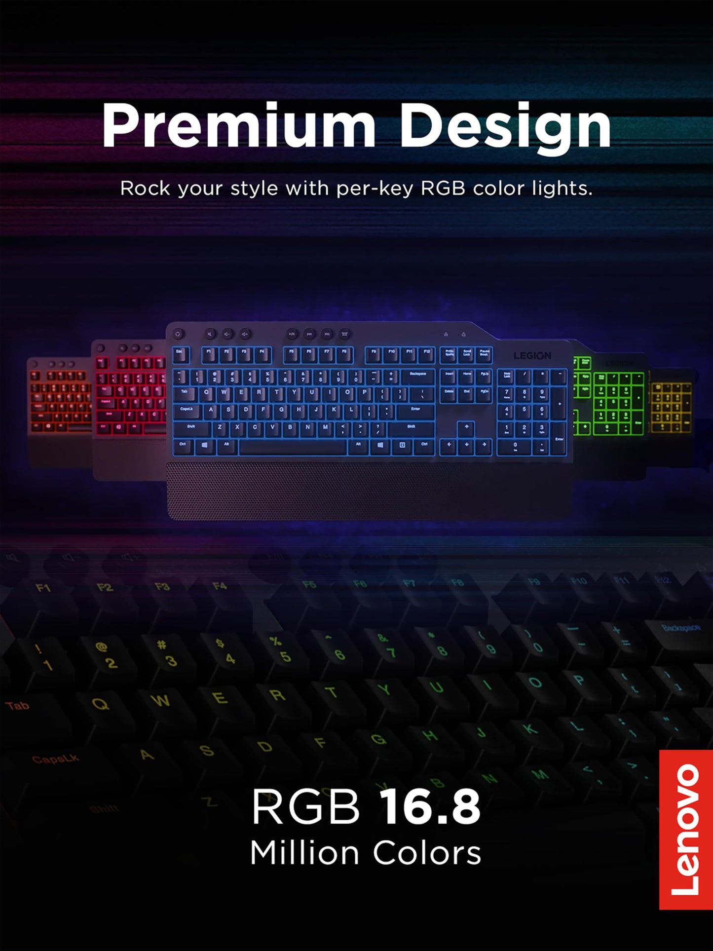 Lenovo GY40T26478 Legion K500 RGB Mechanical Gaming Keyboard, 3 ZONE Full-size Keyboard, 7 user Programmable Hot Keys; 16.8 Million Colors, 50